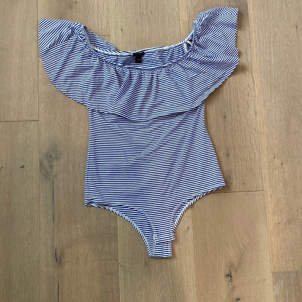 Jcrew blue and white striped off the shoulder bodysuit